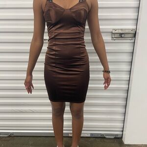 Satin Bodycon Mini Dress in Chocolate Brown